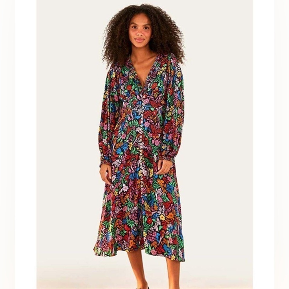 NWOT: Farm Rio Tropical Garden Viscose Long Sleeve Midi Dress. Size XS. - Picture 1 of 6